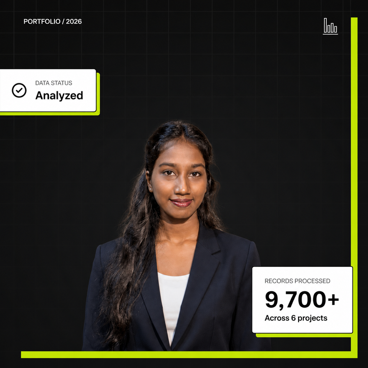 Subhasri T — Data Analyst portfolio portrait with data status dashboard overlays